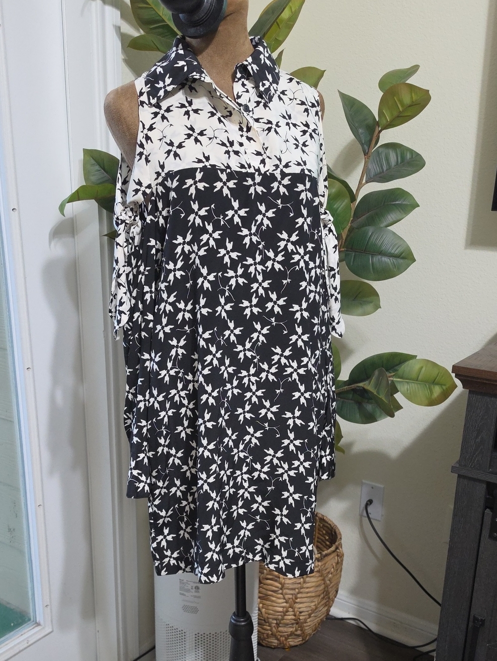 Tanya Taylor Black and White Floral Cold-Shoulder Midi Dress
